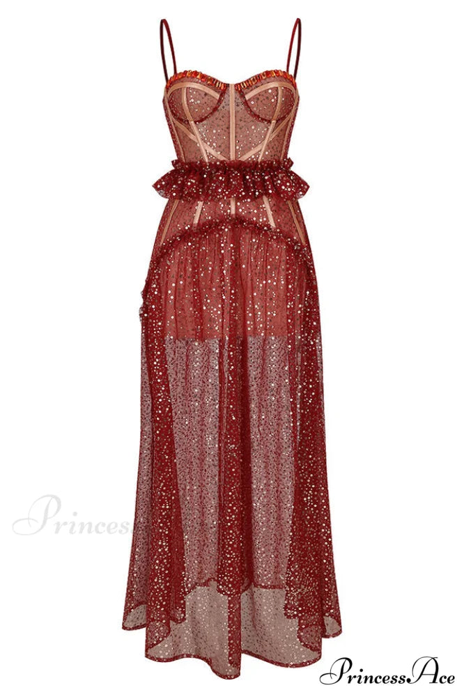 Barrett Sequined Mesh Charming & Lace Maxi Dress XS / Red