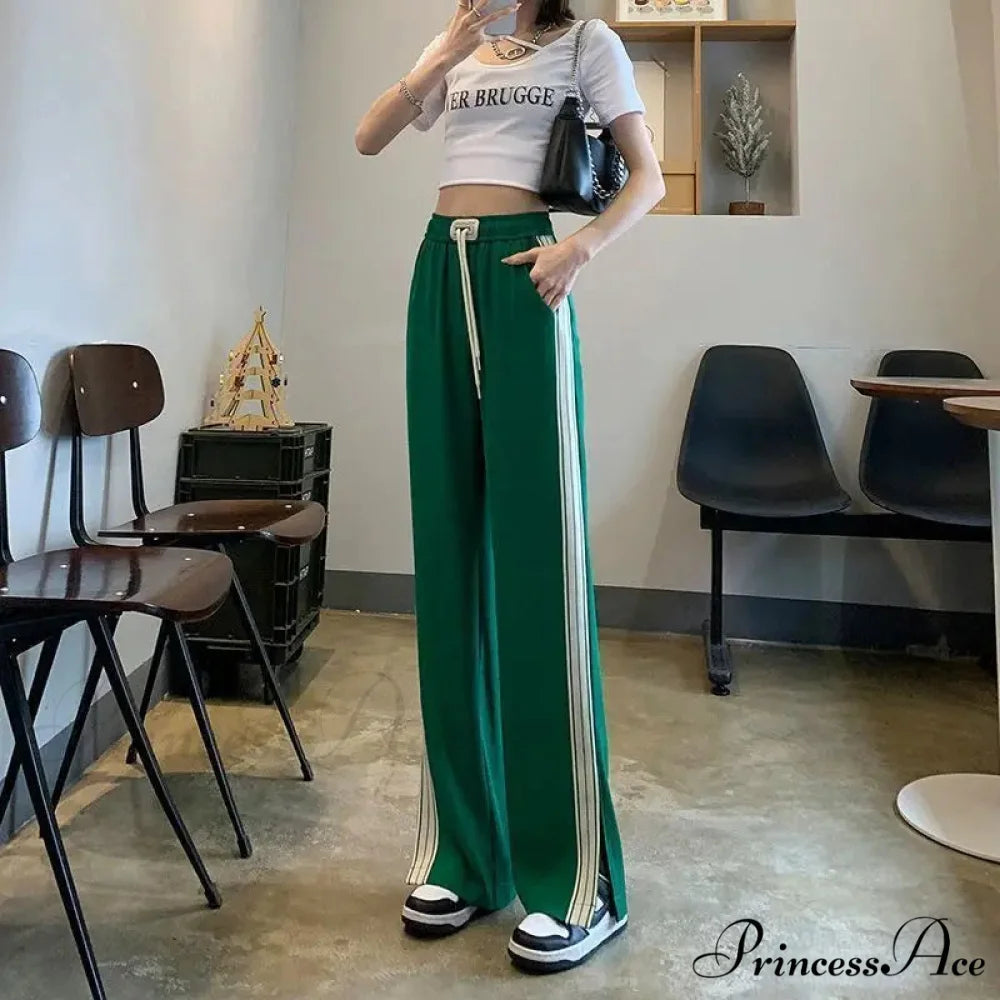 Basic Baggy Broad Leg Elastic Trousers Green / S (40-45KG) pants-241228