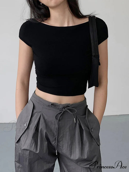 Basic Cap Graceful Sleeve Crop Shirt Black / XS