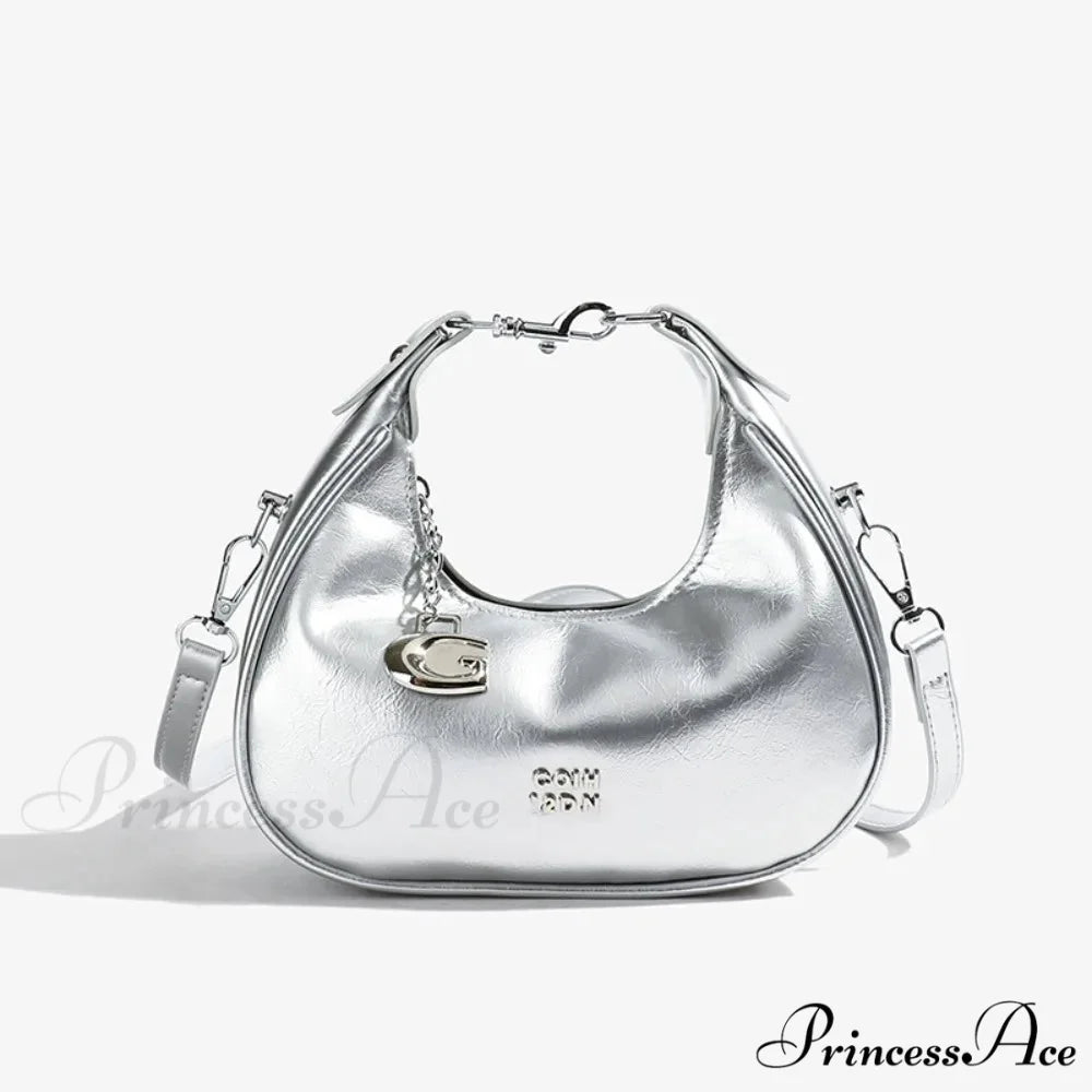 Basic Flexible Monochromatic Shoulder Messenger Handbag silver handbag-250126