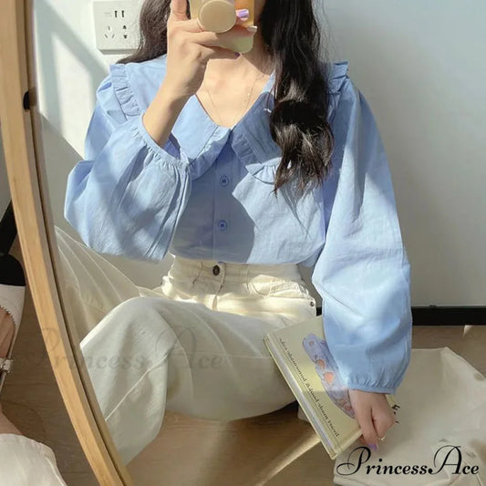 Basic Frills Solo Buttoned Ivory Top Blue / S blouse-250223