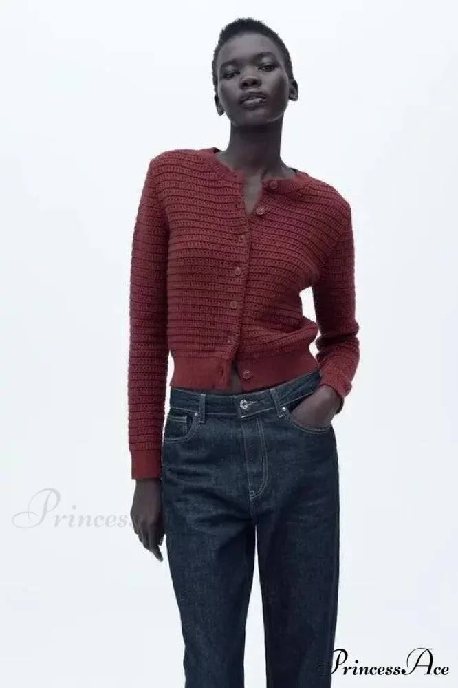 Basic Informal Textured Circular Neck Cardigan Red / S cardigans-241228