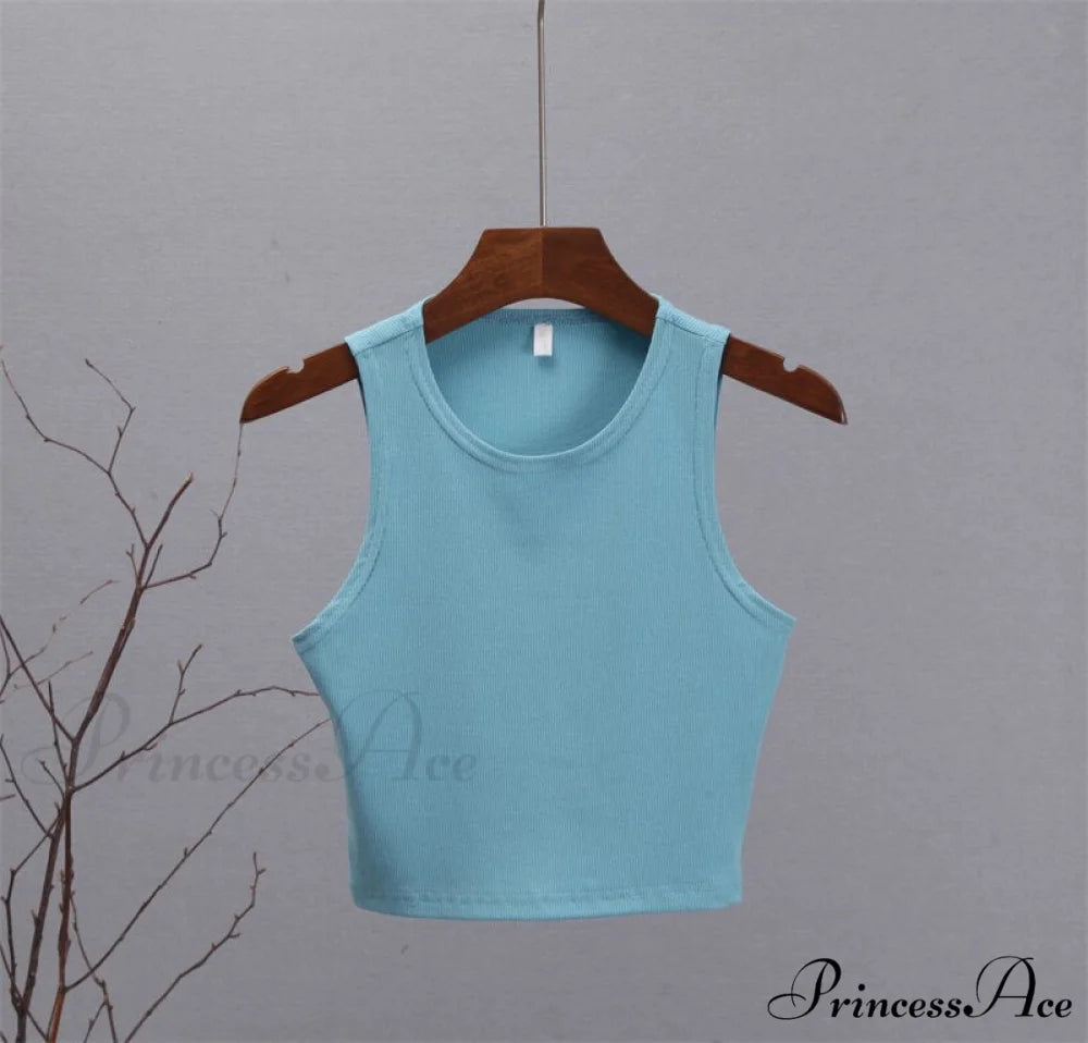Basic Knit Ribbed Solid Vest Crop Blue / S