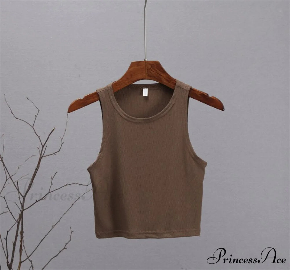 Basic Knit Ribbed Solid Vest Crop Brown / S