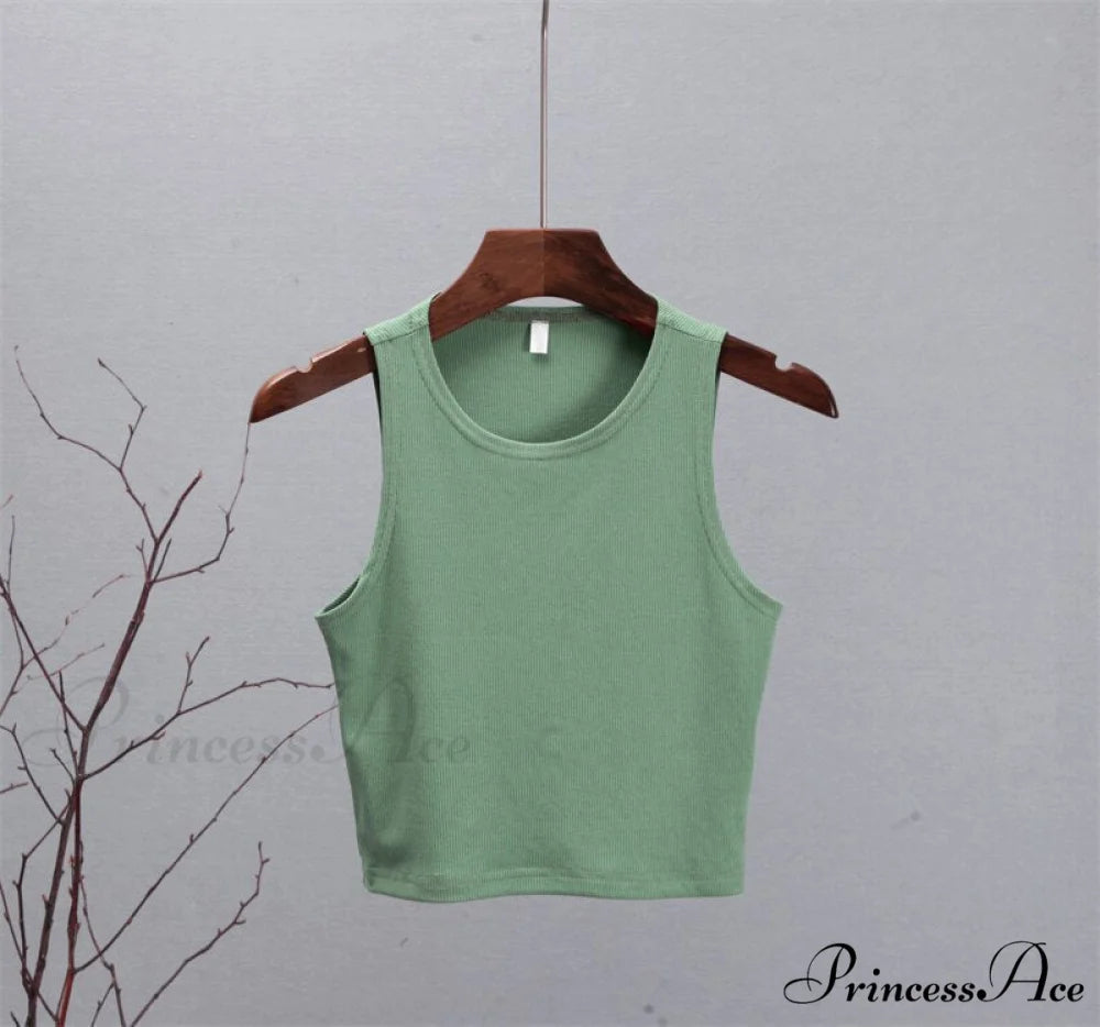 Basic Knit Ribbed Solid Vest Crop Green / S