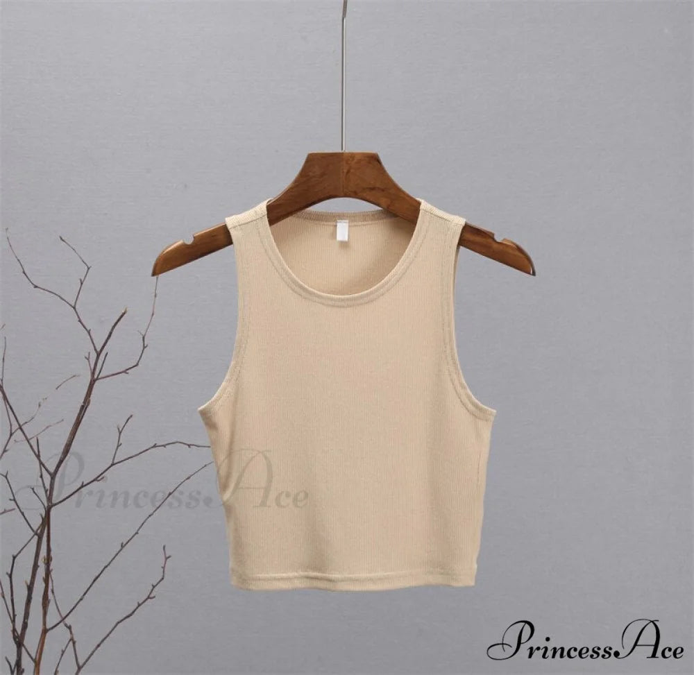 Basic Knit Ribbed Solid Vest Crop Khaki / S
