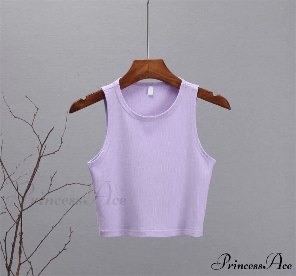 Basic Knit Ribbed Solid Vest Crop Purple / S