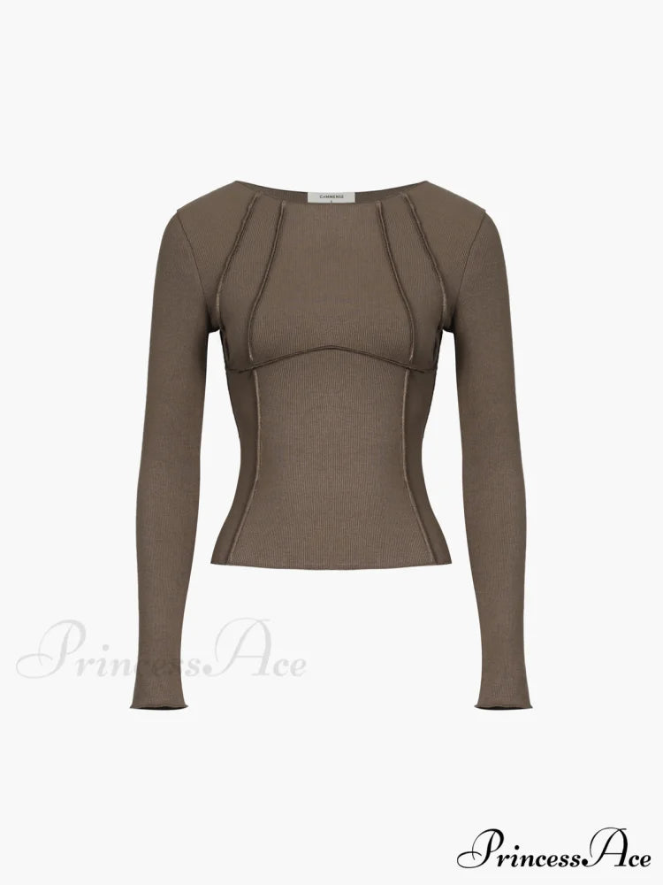 Basic Piping Graceful Long Sleeve Top Brown / XS