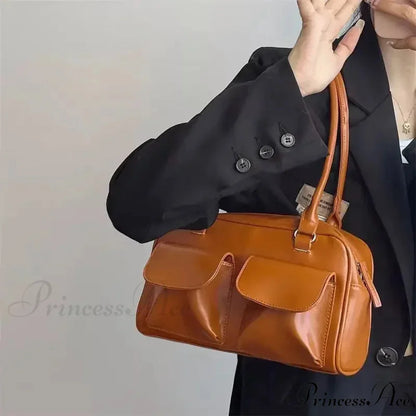 Basic Retro Business PU Leather Shoulder Bag Brown / 28x16x10cm shoulder-250126