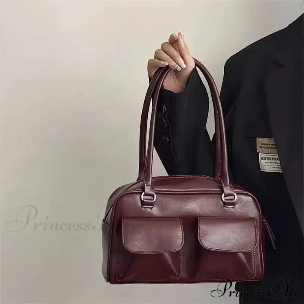 Basic Retro Business PU Leather Shoulder Bag Burgundy / 28x16x10cm shoulder-250126