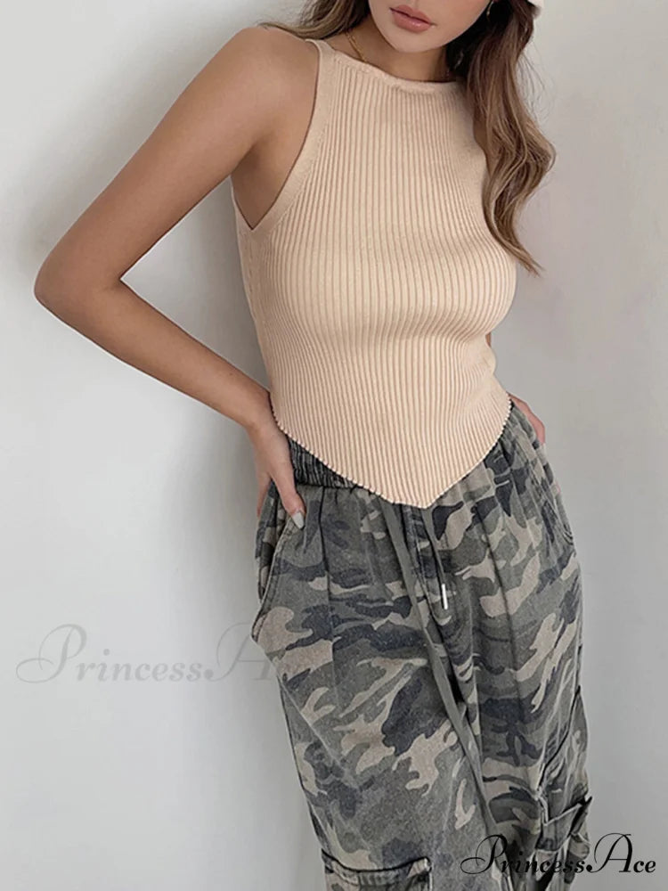 Basic Ribbed Graceful Sweater Vest Khaki / S