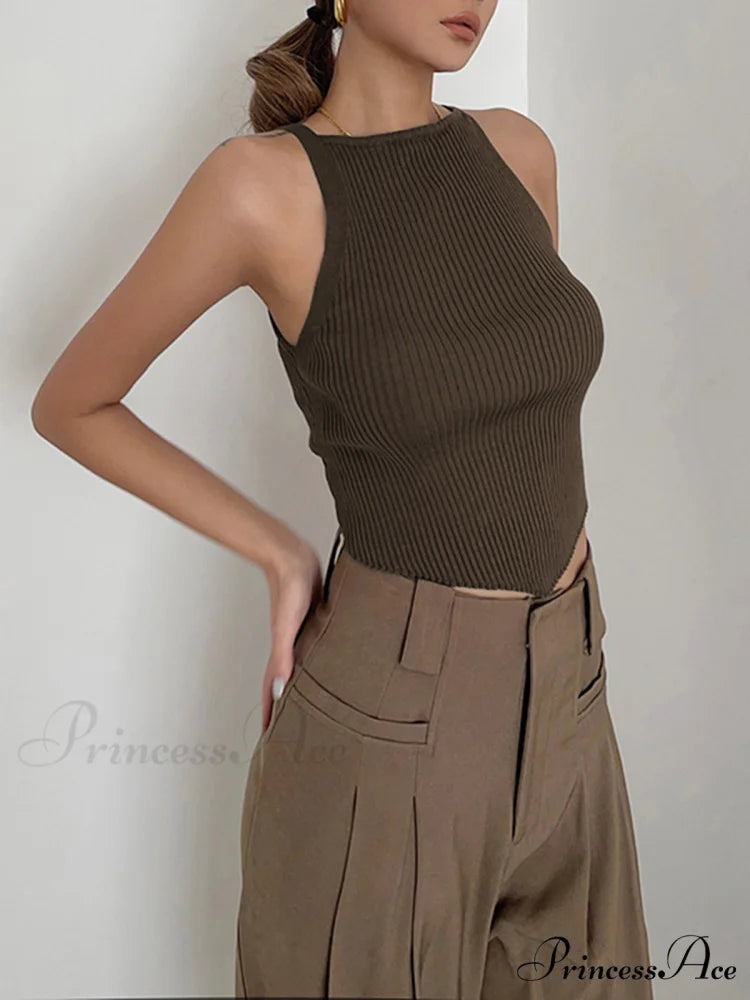 Basic Ribbed Graceful Sweater Vest Light Brown / S