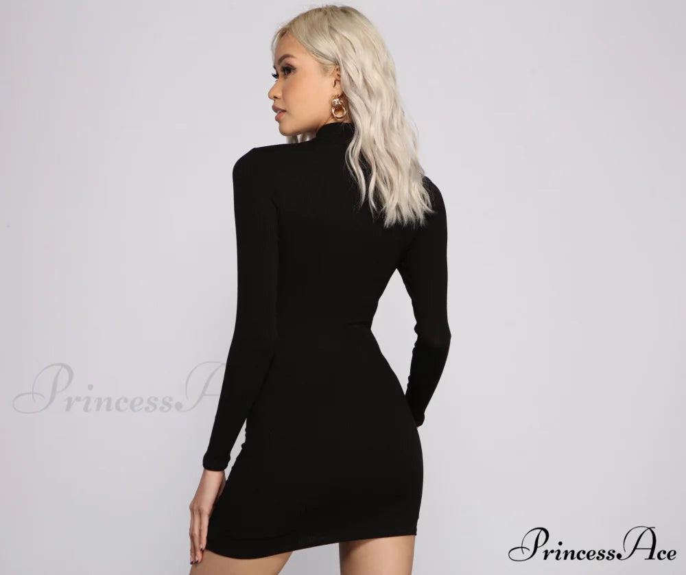Basic Ribbed Knit Charming Long Sleeve Mini Dress