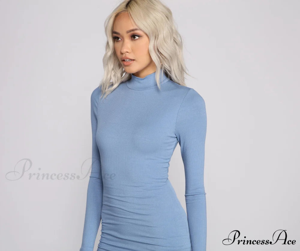 Basic Ribbed Knit Charming Long Sleeve Mini Dress