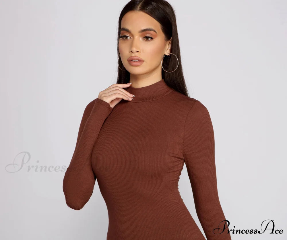 Basic Ribbed Knit Charming Long Sleeve Mini Dress