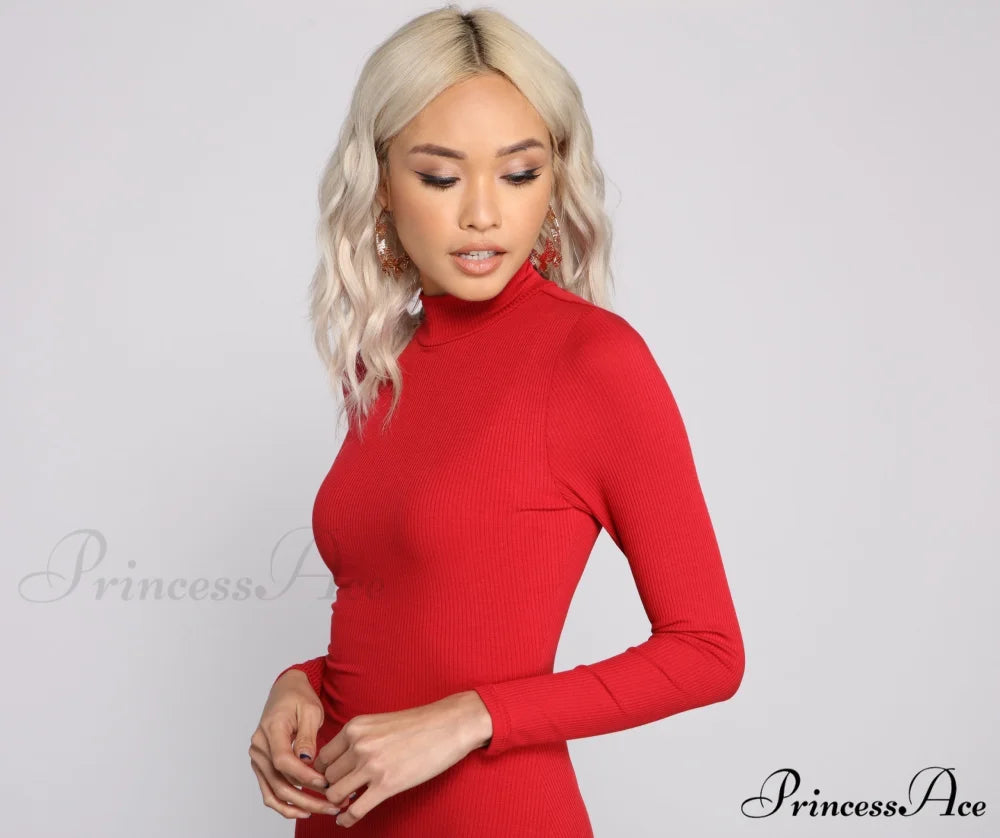 Basic Ribbed Knit Charming Long Sleeve Mini Dress