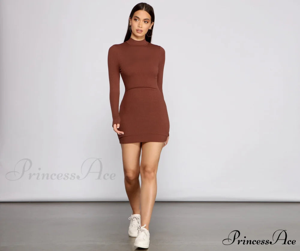 Basic Ribbed Knit Charming Long Sleeve Mini Dress