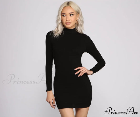 Basic Ribbed Knit Charming Long Sleeve Mini Dress BLACK / XS