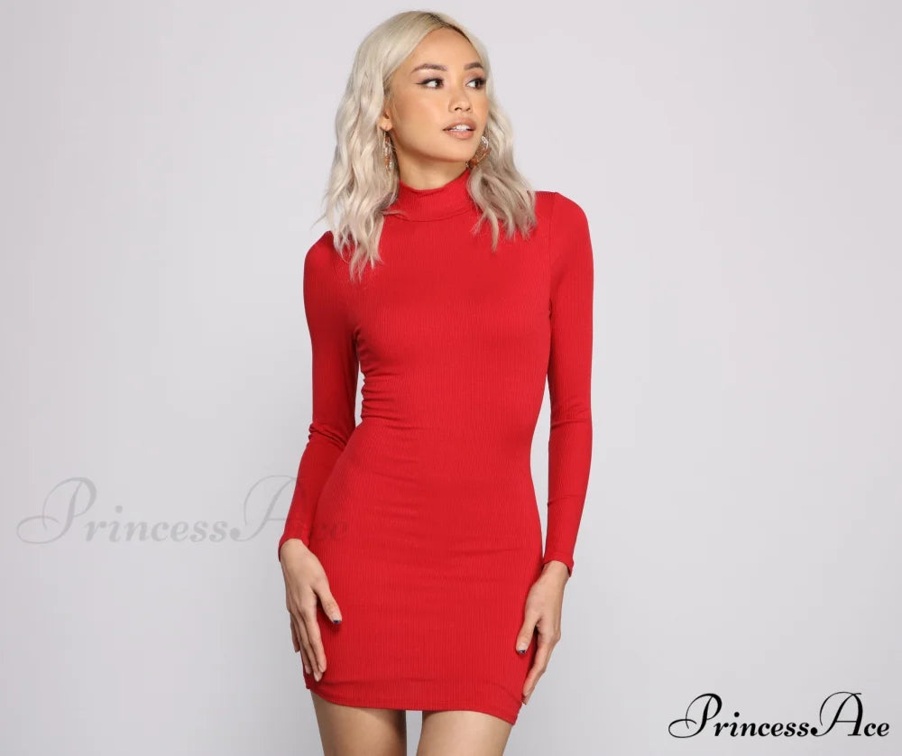 Basic Ribbed Knit Charming Long Sleeve Mini Dress RED / XS