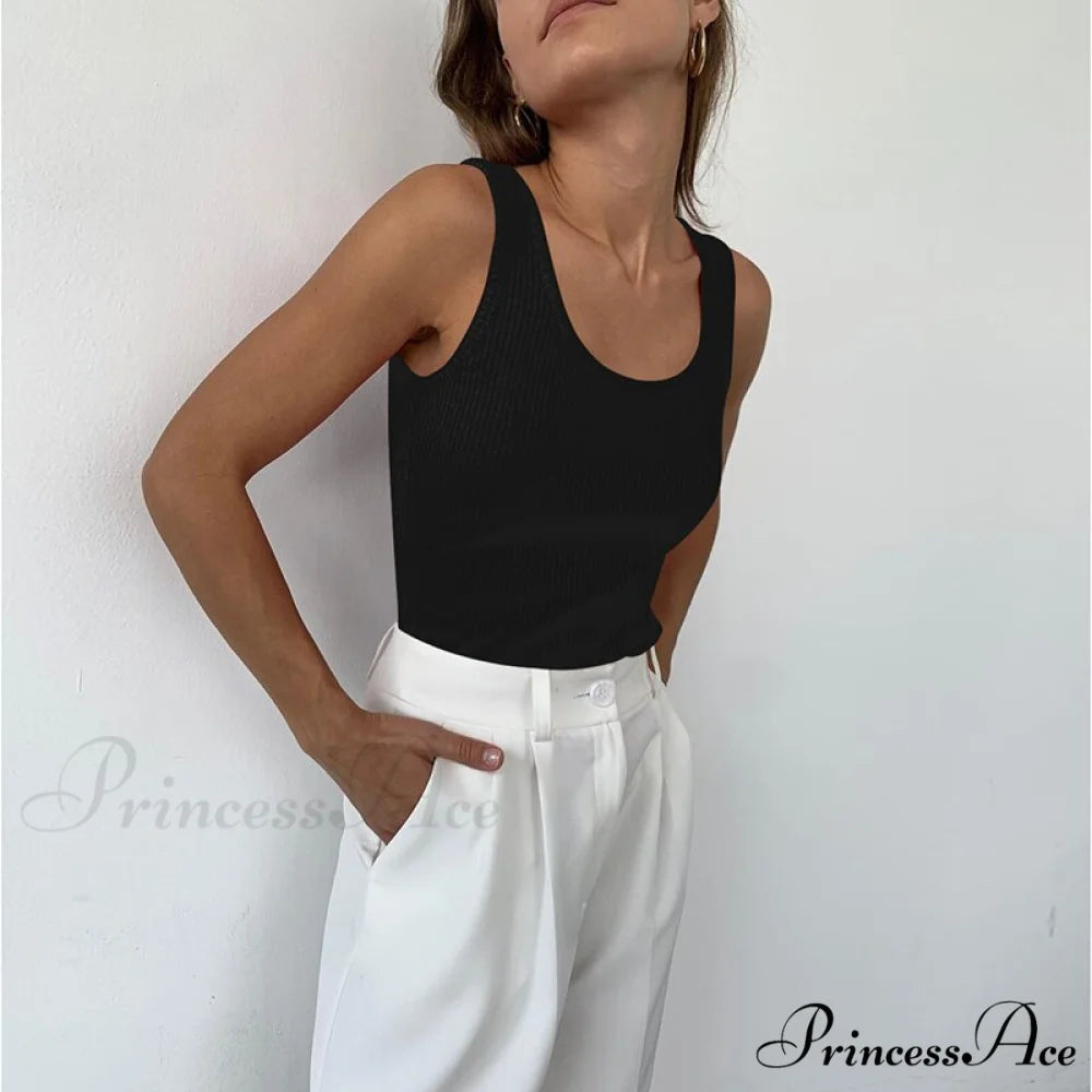 Basic Ribbed Knitted Tank Top Black / XS