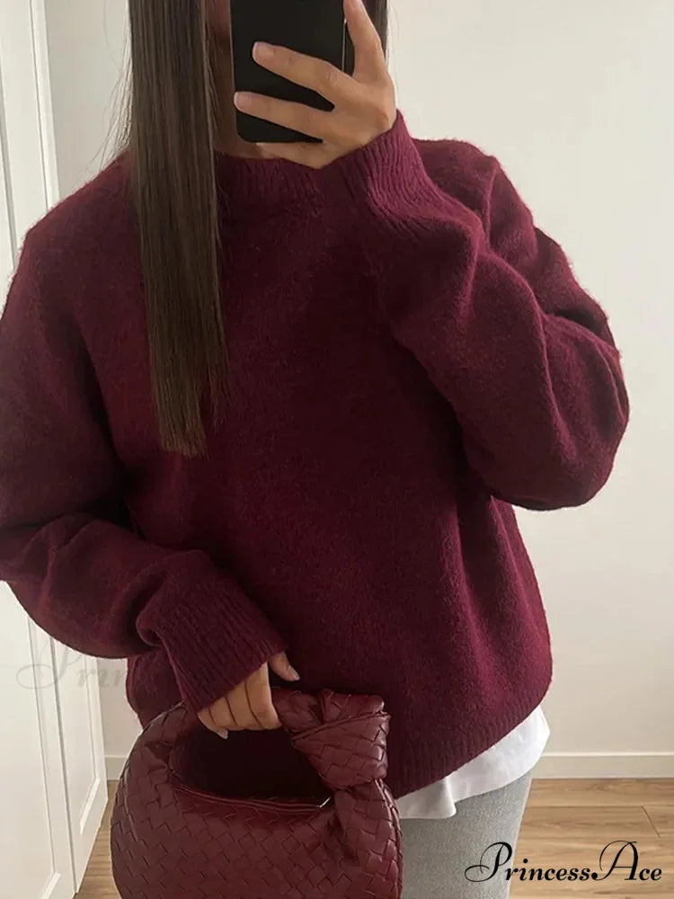 Basic Round Neck Casual Knitted Long Sleeved Loose Christmas Sweater Dark red / S