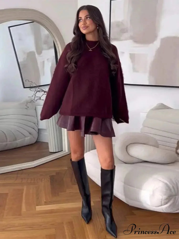 Basic Round Neck Casual Knitted Long Sleeved Loose Christmas Sweater red / S