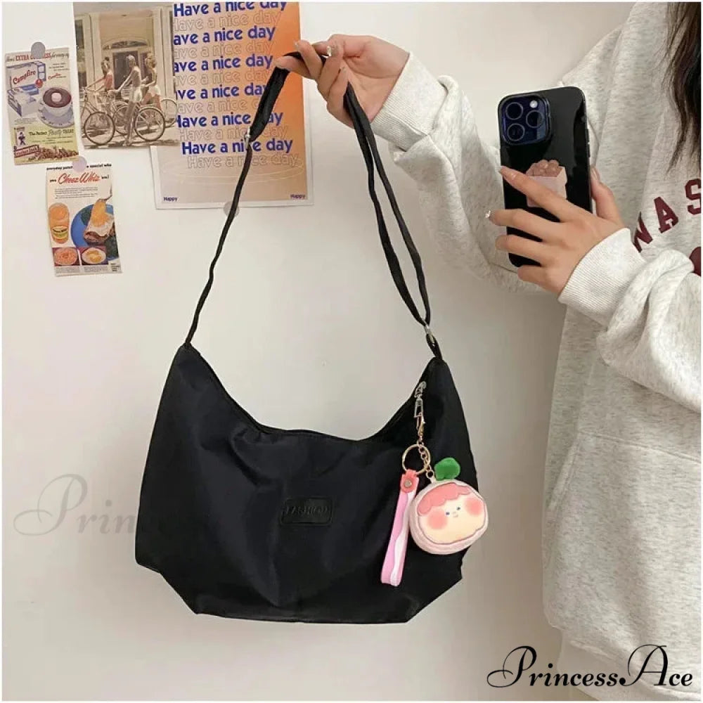 Basic University Style Nylon Spacious Crossbody Black / No plush pendant crossbody-250126