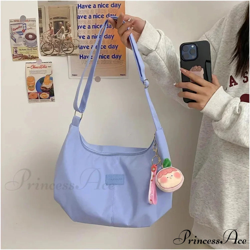 Basic University Style Nylon Spacious Crossbody Blue / No plush pendant crossbody-250126