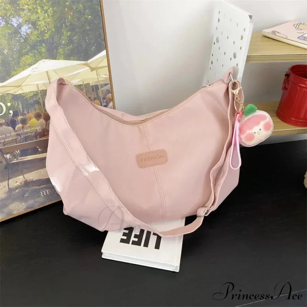 Basic University Style Nylon Spacious Crossbody Pink / No plush pendant crossbody-250126