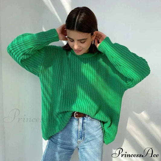 Basic Warm Vintage Green Thick Oversized Knitted Loose White Christmas Sweater Green / One Size