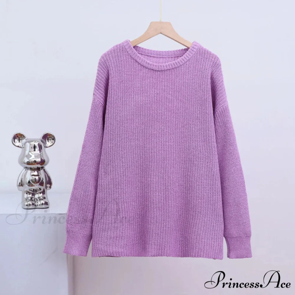 Basic Warm Vintage Green Thick Oversized Knitted Loose White Christmas Sweater PURPLE / One Size