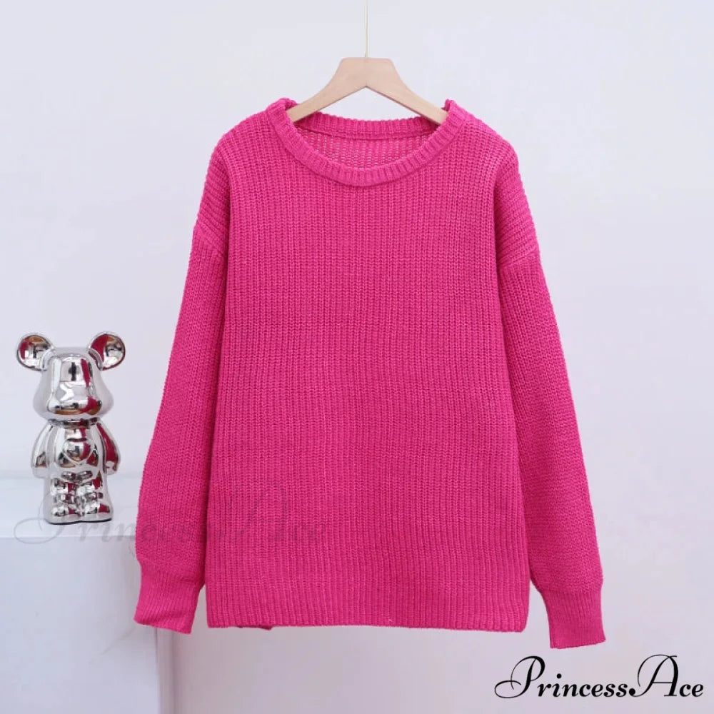 Basic Warm Vintage Green Thick Oversized Knitted Loose White Christmas Sweater Rose Red / One Size