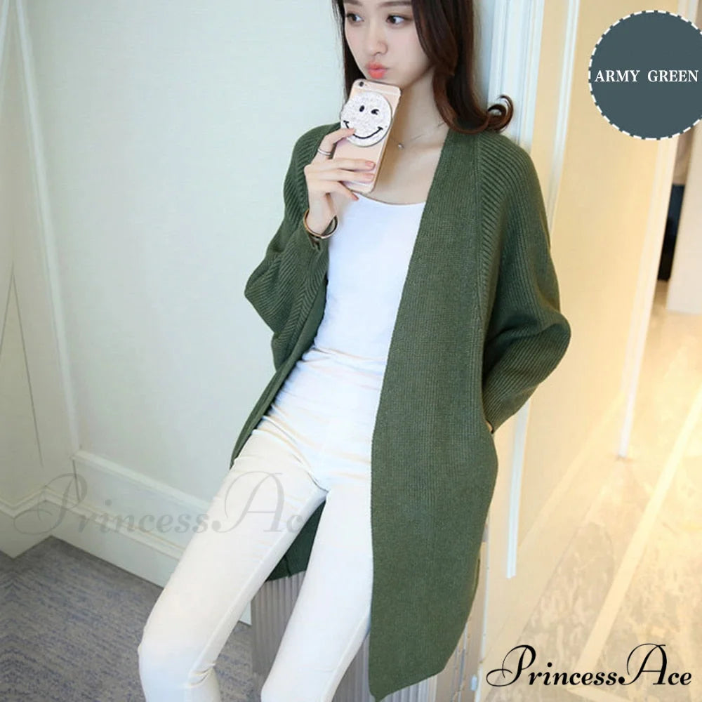 Bat Sleeve Knitted Plus Size Jacket Loose Ladies Sweaters Cardigans Army Green / One Size