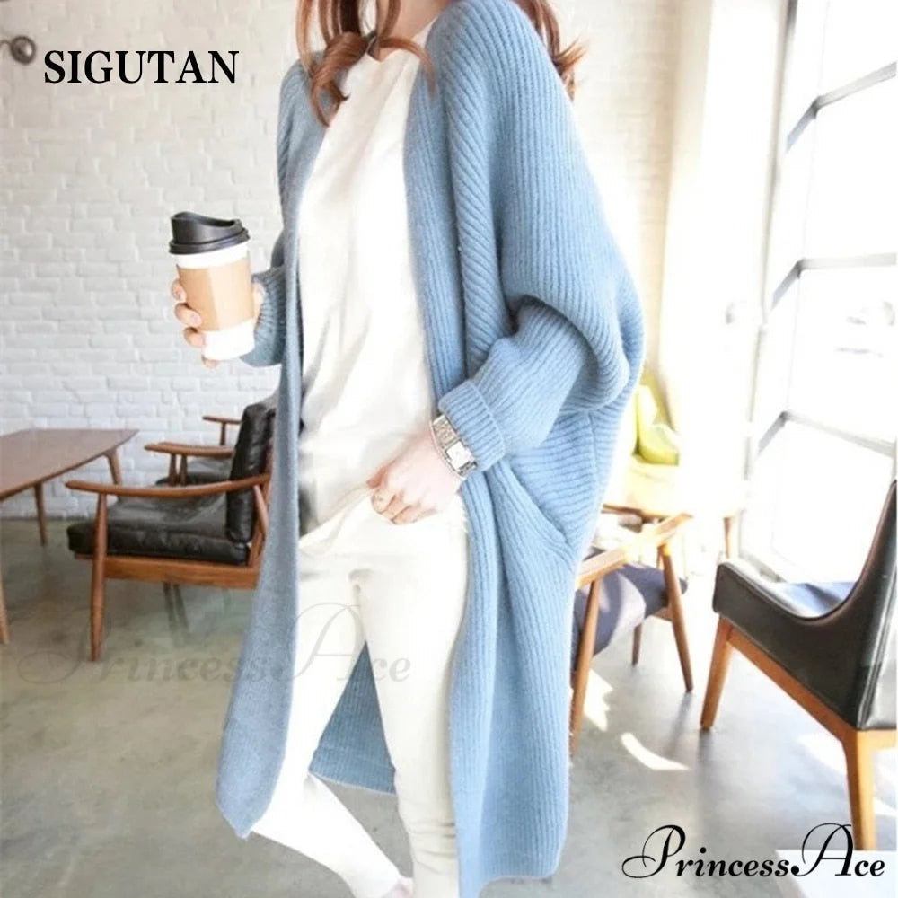 Bat Sleeve Knitted Plus Size Jacket Loose Ladies Sweaters Cardigans Blue / One Size