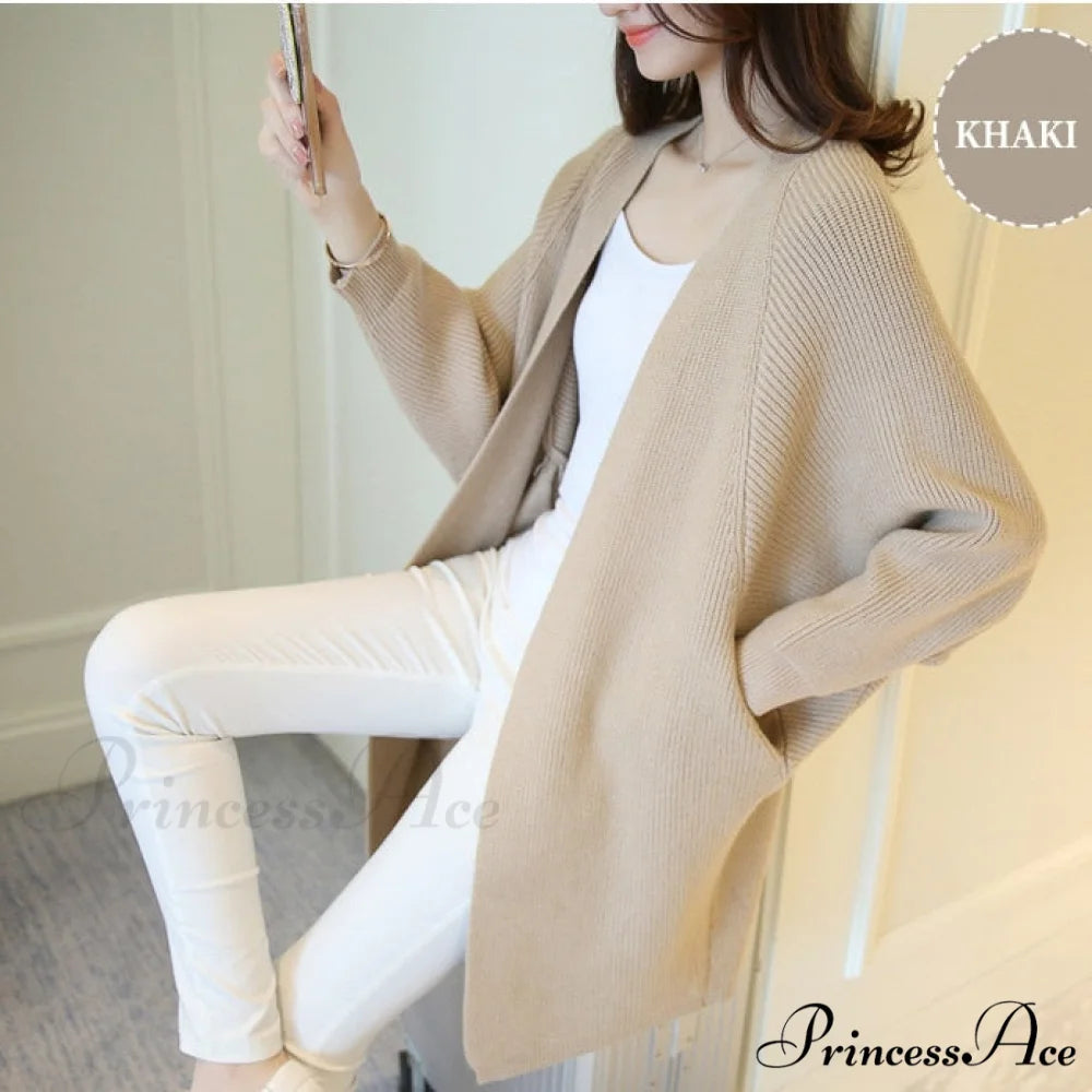 Bat Sleeve Knitted Plus Size Jacket Loose Ladies Sweaters Cardigans Khaki / One Size
