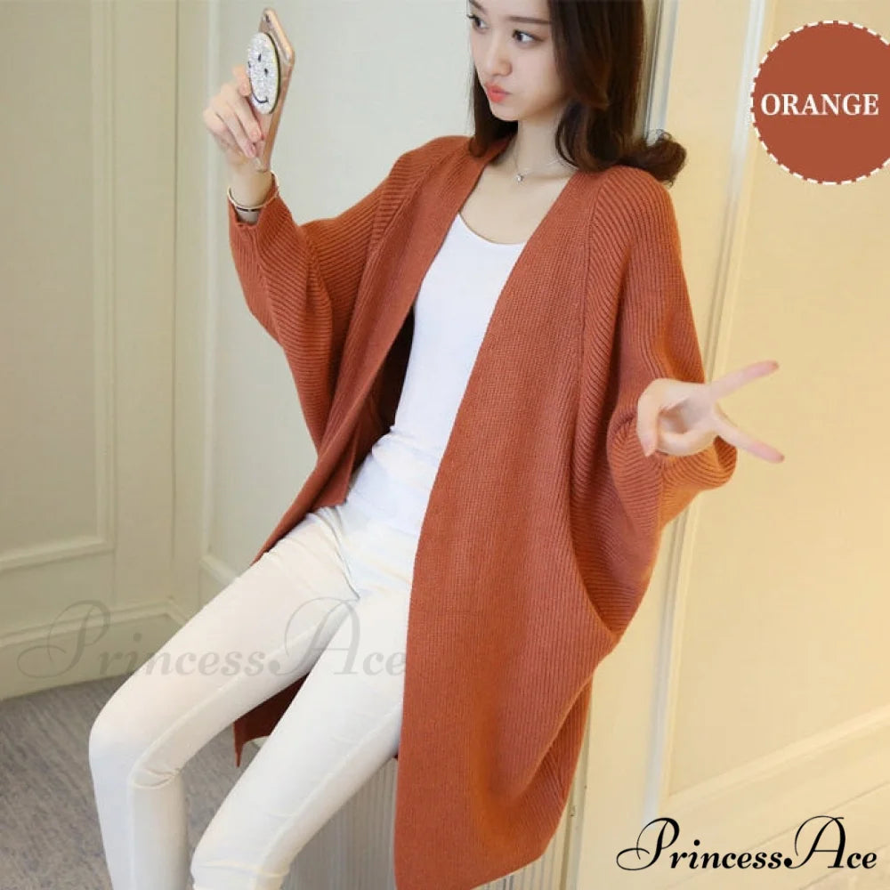 Bat Sleeve Knitted Plus Size Jacket Loose Ladies Sweaters Cardigans Orange / One Size