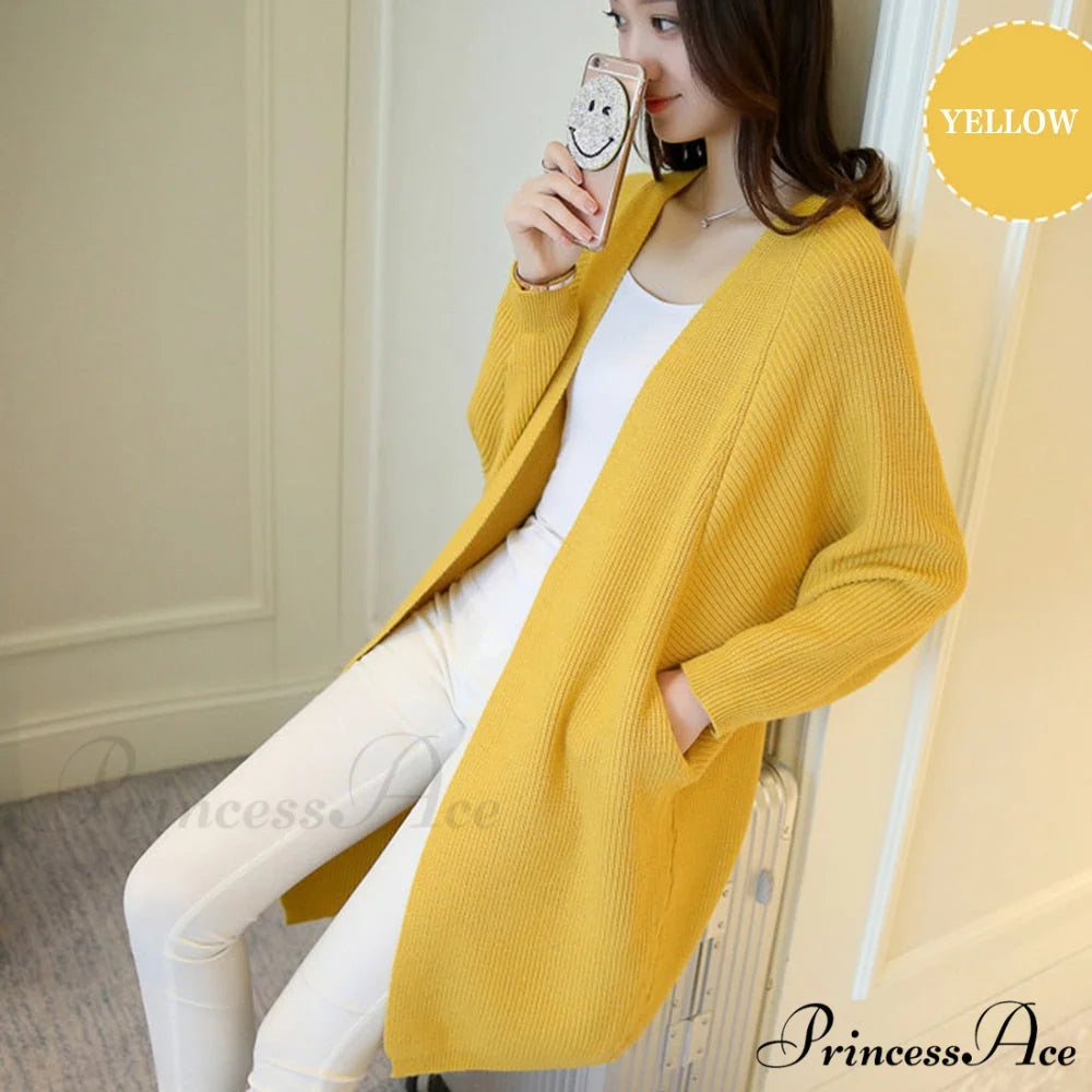Bat Sleeve Knitted Plus Size Jacket Loose Ladies Sweaters Cardigans Yellow / One Size