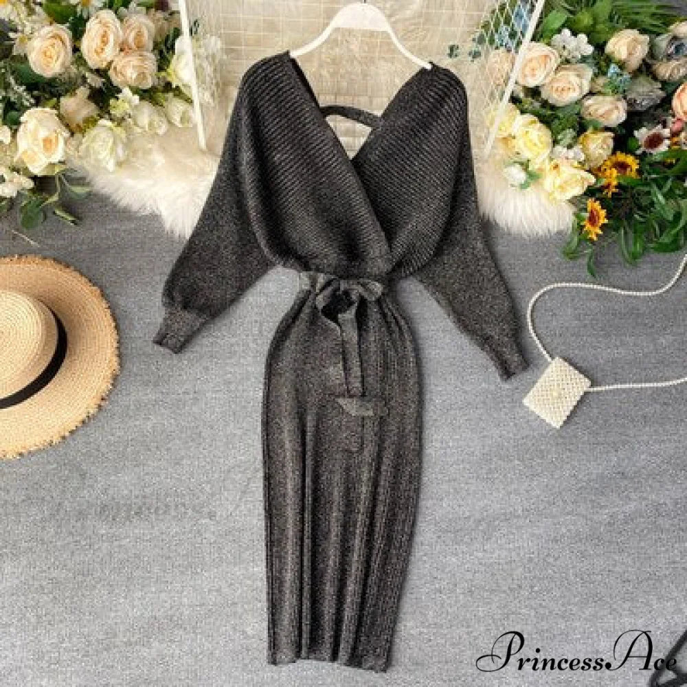 Bat V-Neck Vintage with Sweater Gown Green Knitted Sleeves Black / One Size / China
