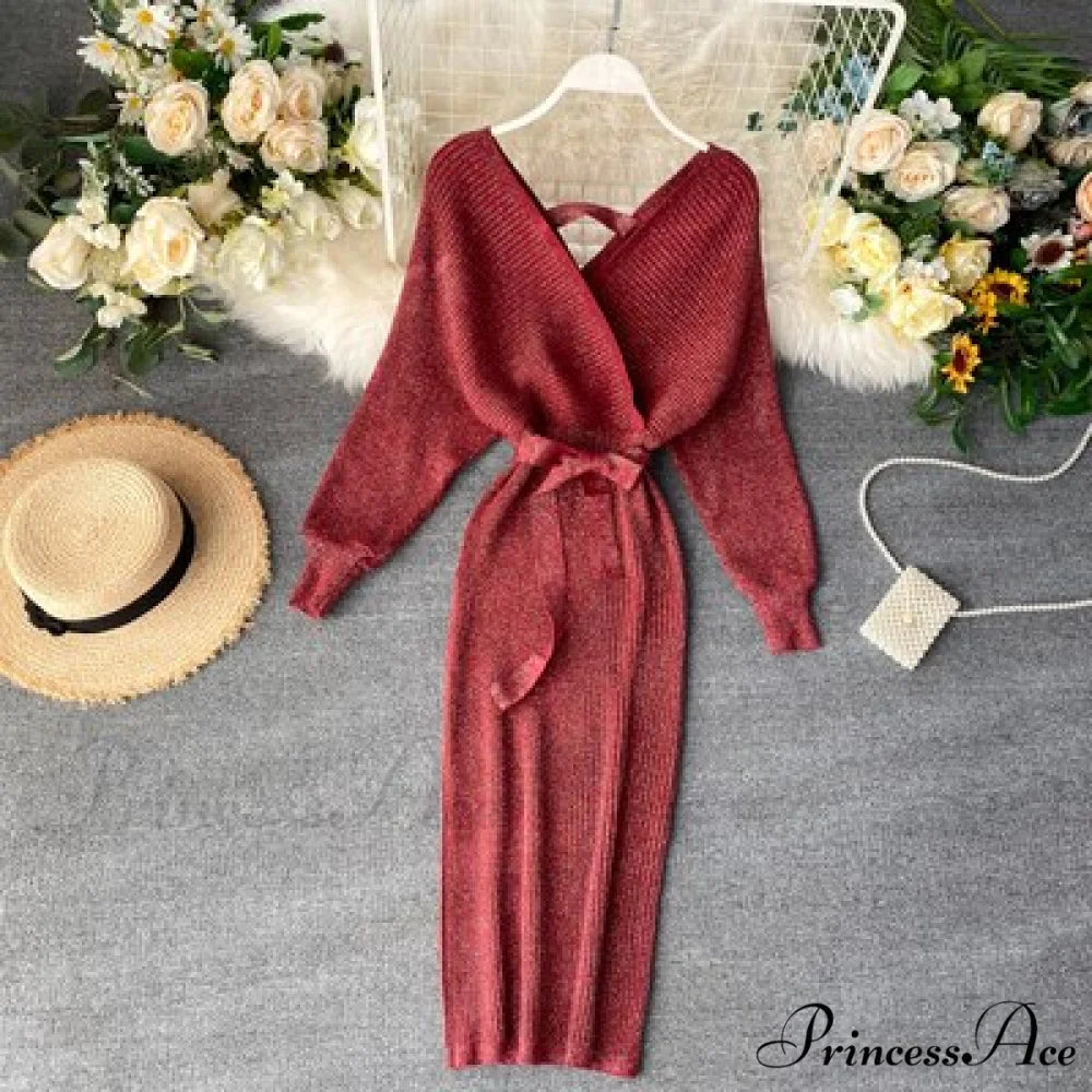 Bat V-Neck Vintage with Sweater Gown Green Knitted Sleeves Burgundy / One Size / China