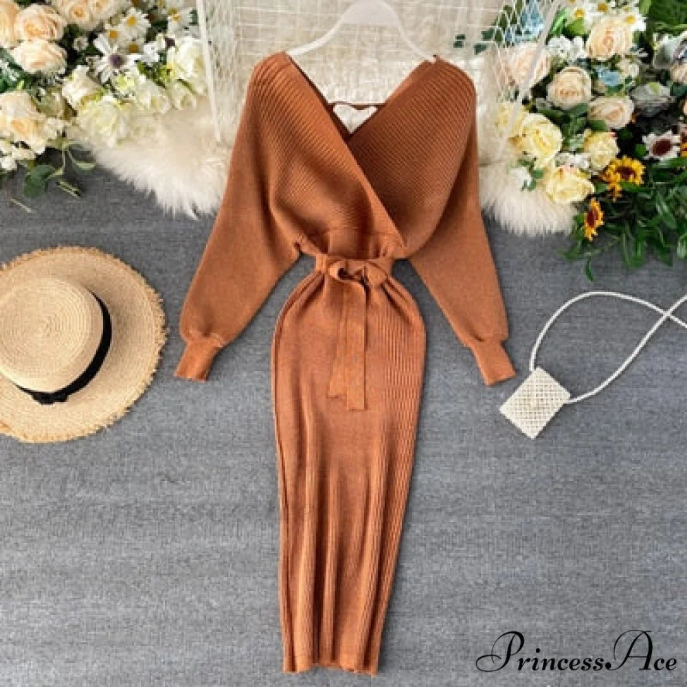 Bat V-Neck Vintage with Sweater Gown Green Knitted Sleeves Caramel color / One Size / China