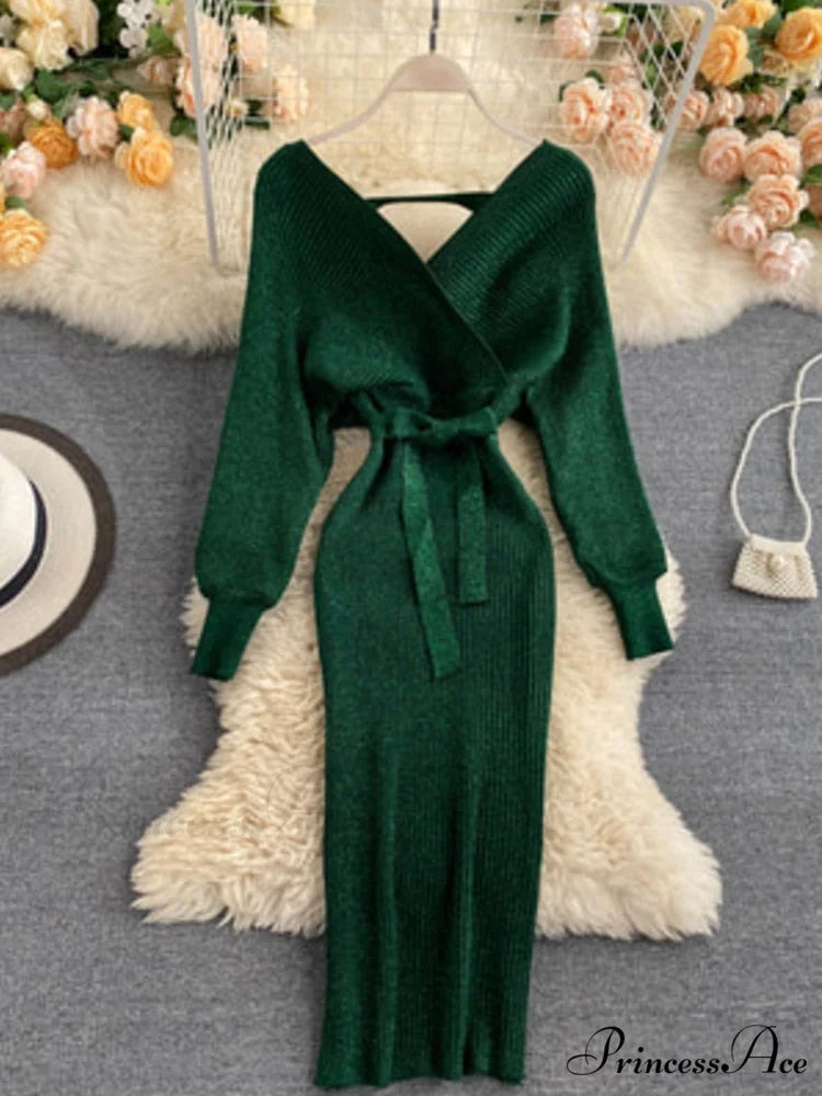 Bat V-Neck Vintage with Sweater Gown Green Knitted Sleeves Green / One Size / China