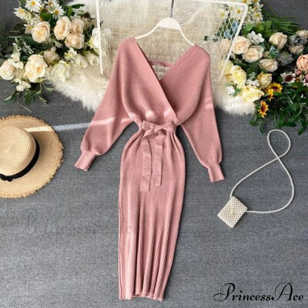 Bat V-Neck Vintage with Sweater Gown Green Knitted Sleeves pink / One Size / China