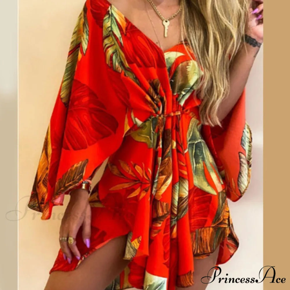 Batwing Gown Mini Gown Lace-Up Harajuku Casual Irregular Design Leopard Party - Sexy Foliage Women Elegant V-Neck