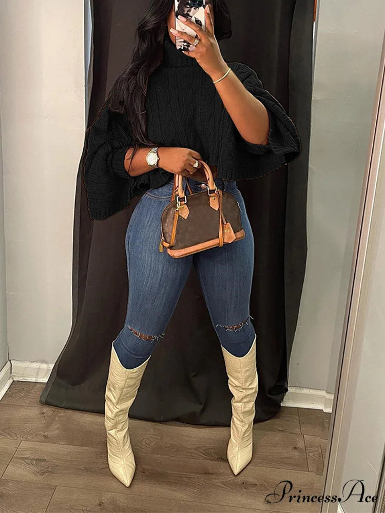 Batwing Sleeve Hollow Trendy Knitted Pullover Top Black / S