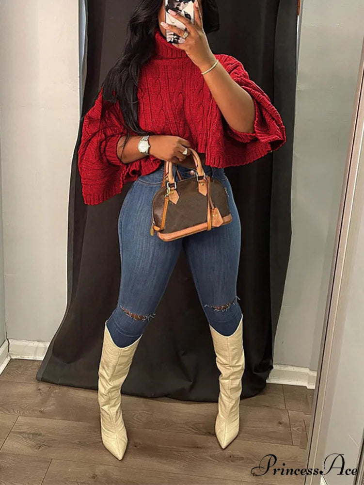 Batwing Sleeve Hollow Trendy Knitted Pullover Top Red / S