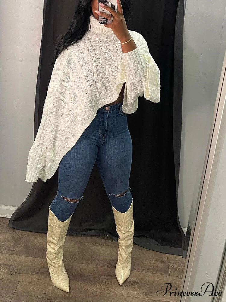 Batwing Sleeve Hollow Trendy Knitted Pullover Top White / S