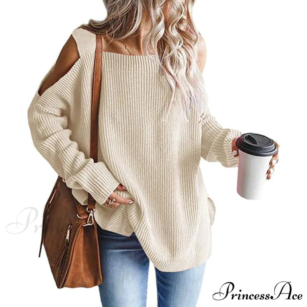 Batwing Tunic Cold Knitted Shoulder Tops for Women Beige / S