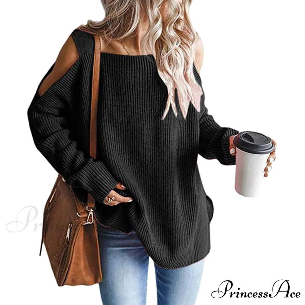 Batwing Tunic Cold Knitted Shoulder Tops for Women Black / S