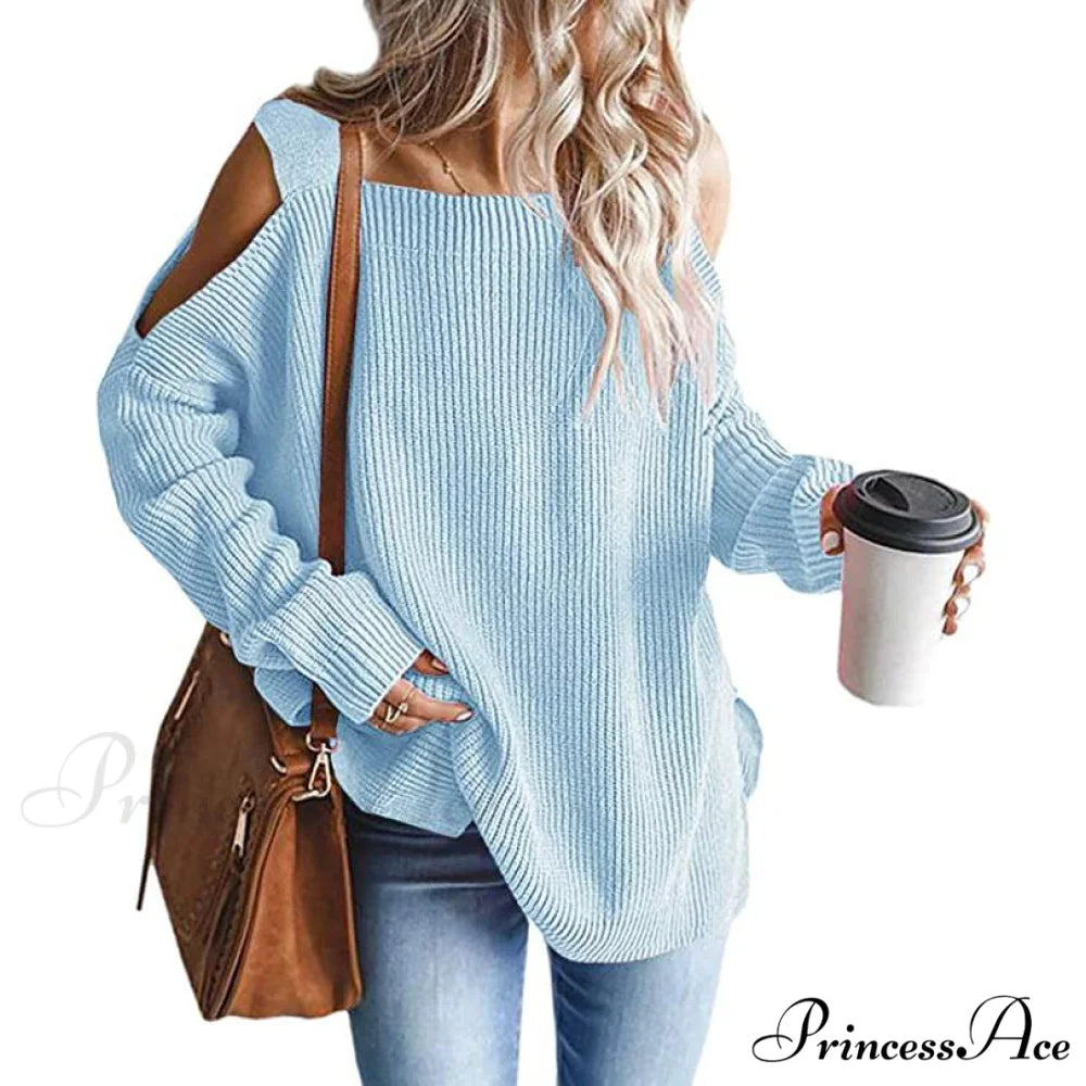 Batwing Tunic Cold Knitted Shoulder Tops for Women Blue / S