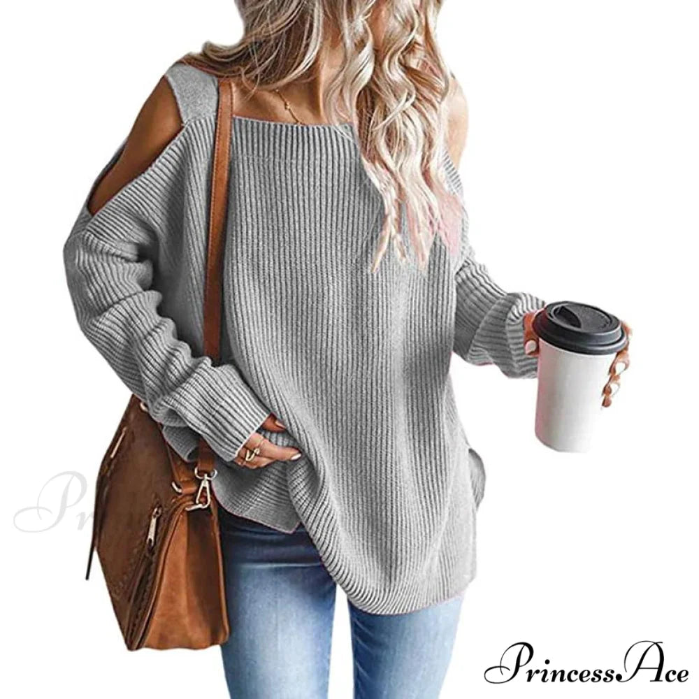 Batwing Tunic Cold Knitted Shoulder Tops for Women Gray / S